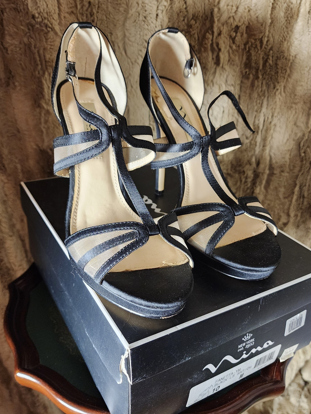 Nina Black Strappy T-Strap High Heel Sandals